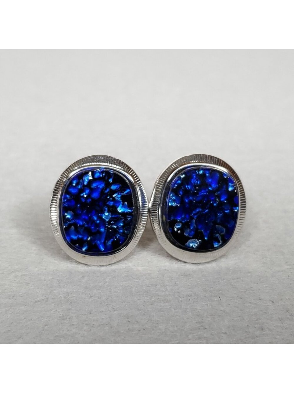Vintage Hickok Cufflinks Blue Confetti Lucite Silver Tone 7/8"